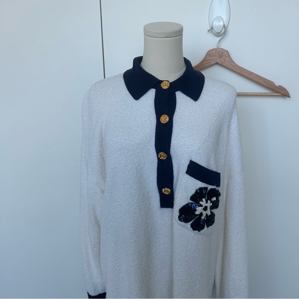 Vintage Escada White & Navy Terry Sequin Collar Button Up Long Sleeve Polo - Picture 4 of 16
